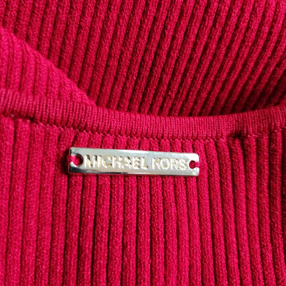 Michael Kors Dress Womens Size XS Red Ribbed Gold Logo Chain Bodycon Stretch - Picture 5 of 6